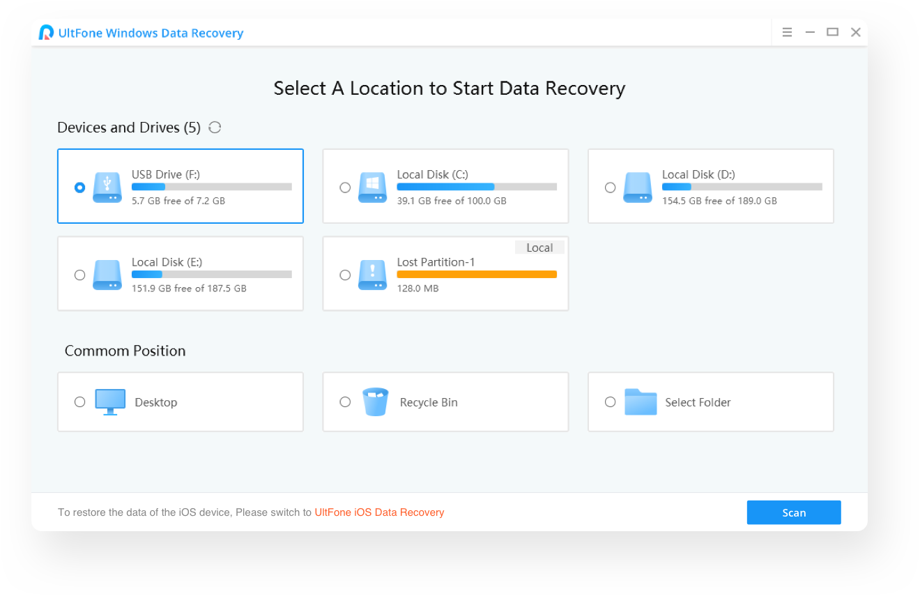 ultfone windows data recovery main interface