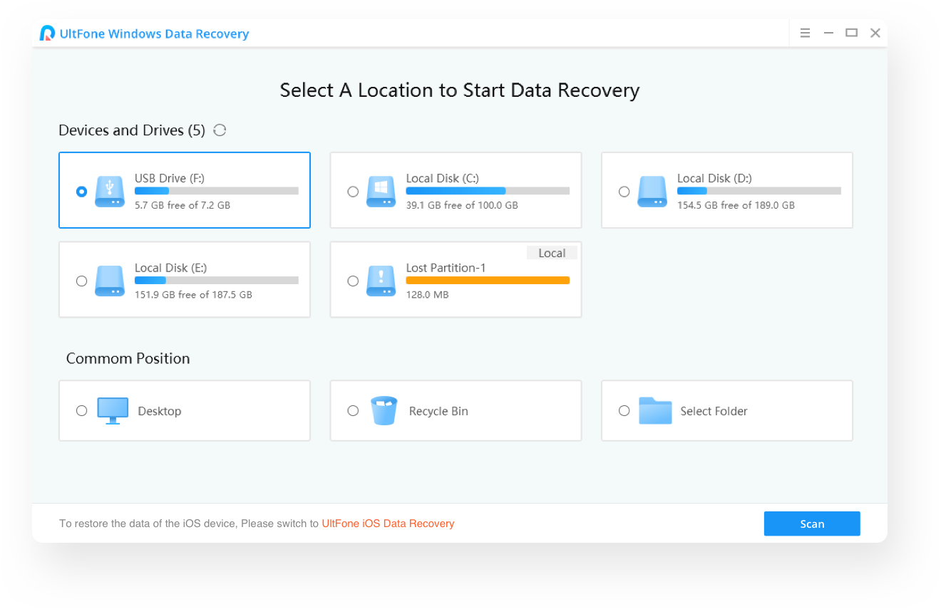 interfaz principal de recuperación de datos de windows ultfone